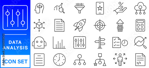 Data analysis line icon set. Editable stroke. Containing as big data, data mining, algorithm, analytics, machine learning, ai, science, warehouse, database, dataset and more.