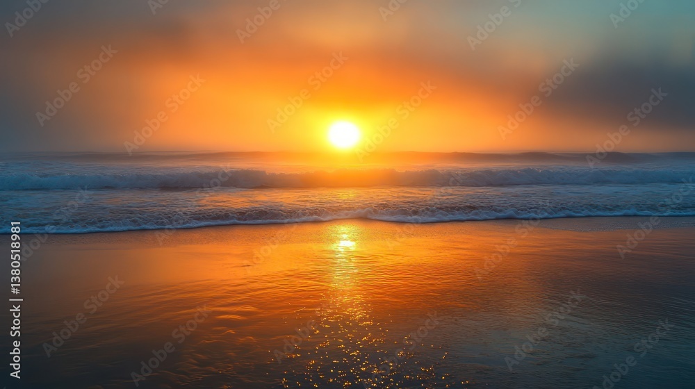 The surreal beauty ofsun setting behind misty ocewaves, golden-orange hues blending withcool blues ofdeep sea,wet shore reflectingcolors in seamless mirror