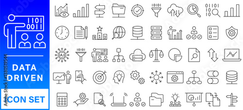A set of line icons related to Data Analysis. Data, digital, graph, analyze, surplus, growth, research, loss, business, security, and so on. Vector editable stroke.