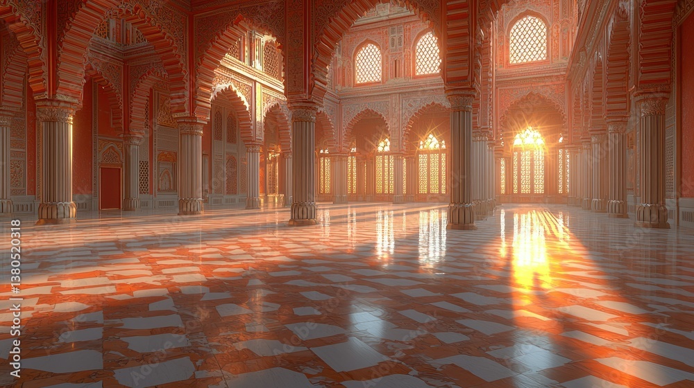 Obraz premium Sunlit Palace Interior: A majestic hall bathed in warm golden light, showcasing intricate Moorish architecture and a serene atmosphere.