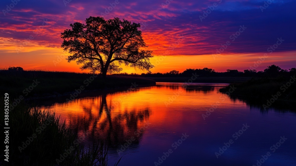 Obraz premium Vibrant Sunset over Serene River and Silhouetted Tree