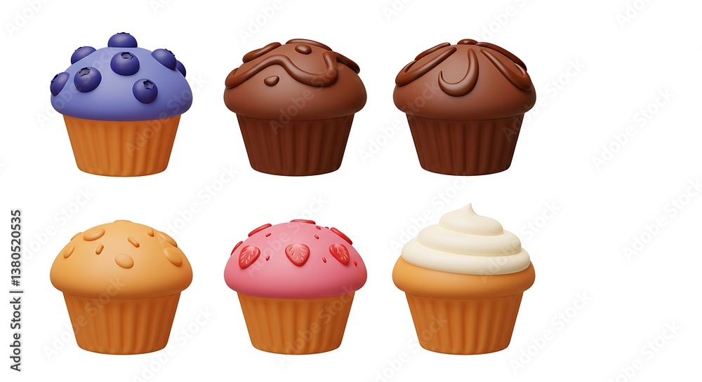 Variety of Flavored Cupcakes on White Background Featuring Different Toppings Variety of Flavored Cupcakes on White Background Featuring Different Toppings