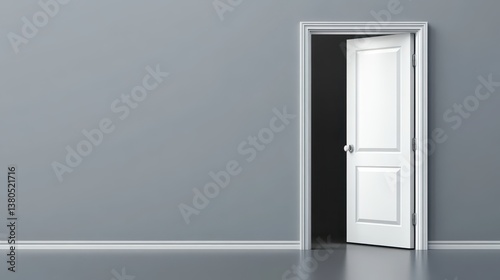 The open door reveals a dark space, contrasting with the light gray wall surrounding it. The simple and clean lines of the door and wall create a modern aesthetic