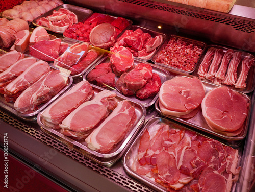 Canvas-taulu Fresh red meat in butcher shop, England, UK