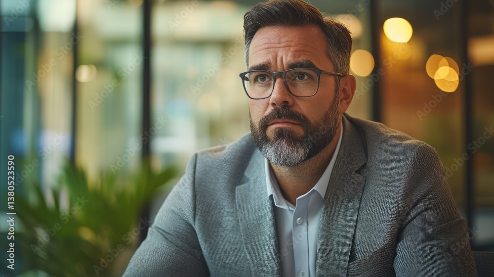 A business meeting scene with a bearded man wearing glasses and a gray suit sitting at a wooden table. A business meeting scene with a bearded man wearing glasses and a gray suit sitting at a wooden table.