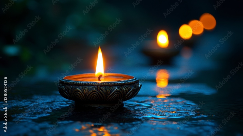 Candlelight glow. A row of softly lit candles on a dark surface, reflecting light Candlelight glow. A row of softly lit candles on a dark surface, reflecting light