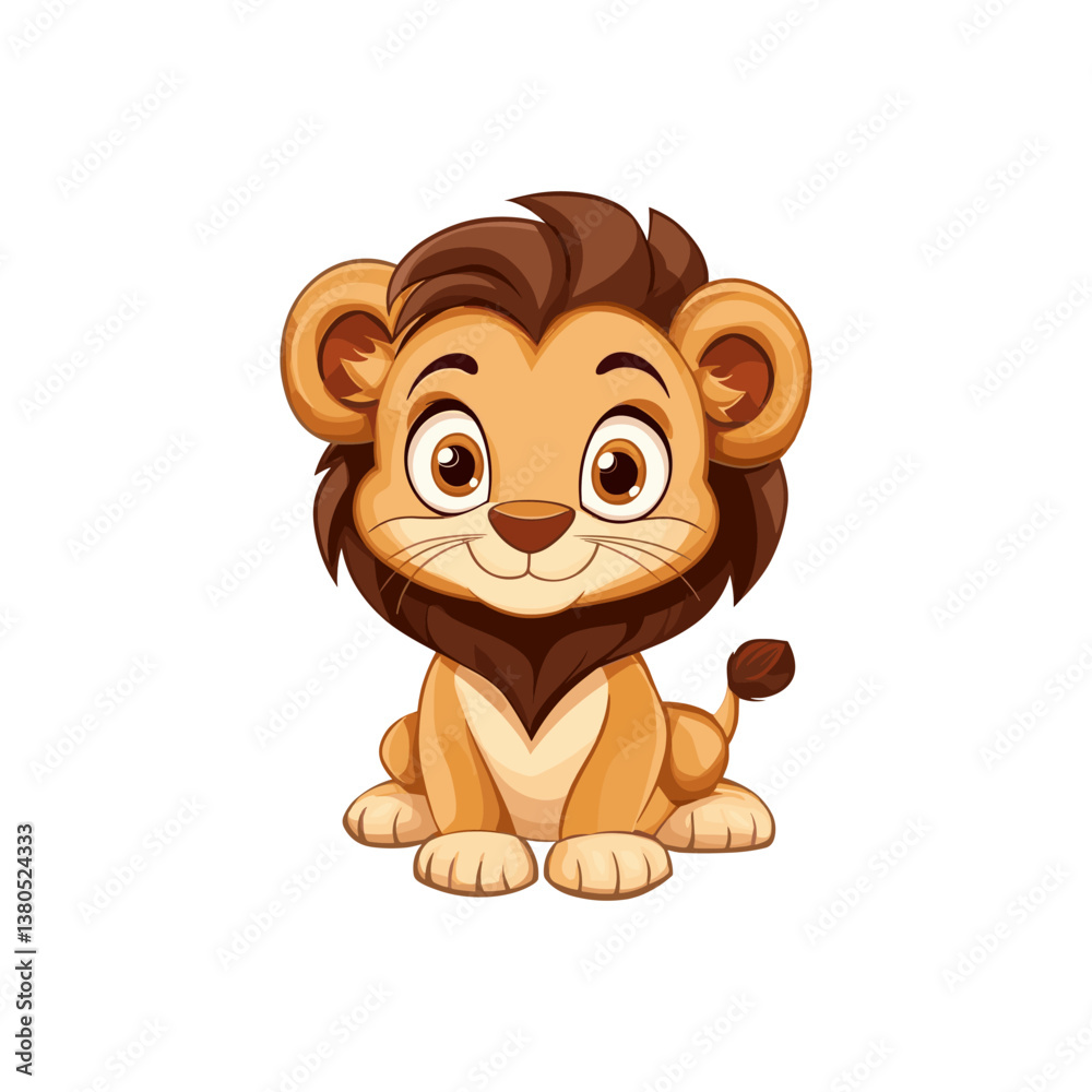 Obraz premium Cute Cartoon Lion Cub Sitting Vector Illustration. Darling cartoon lion cub sits with a cheerful expression. Lively vector illustration of a young lion character designed for children's art, books.