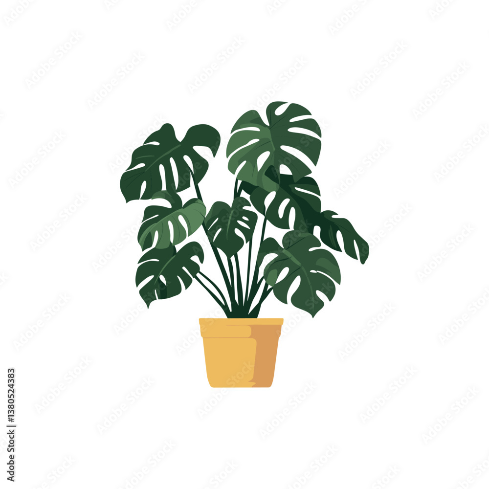 Fototapeta premium Monstera Plant in Pot Vector Illustration. Vector illustration of a Monstera plant in a yellow pot. The lush green leaves with distinctive holes are depicted against a plain white background.