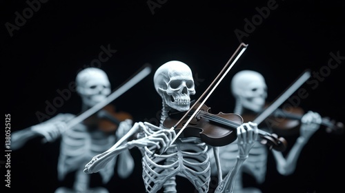 Three skeletons dressed as musicians are playing violins together in a dimly lit environment, creating an eerie yet captivating atmosphere during their performance