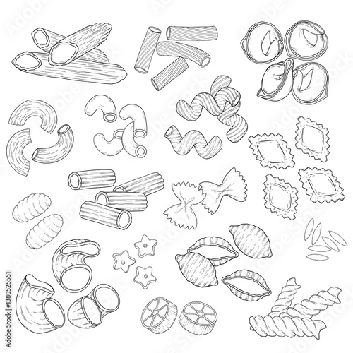 Hand drawn pasta set. Vintage macaroni line art illustration