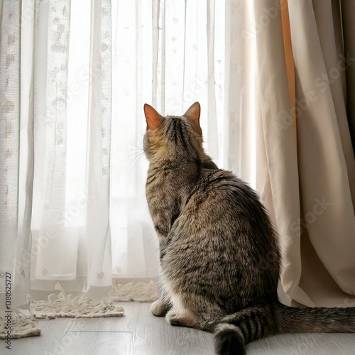 猫　後ろ姿　カーテン　リビング