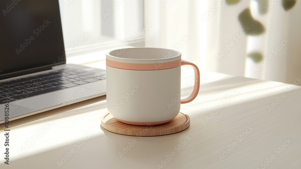 A mug on a wooden coaster and a computer on a table create a light-colored, serene and minimalist workspace. Harmony is created between simplicity and modernity. A mug on a wooden coaster and a computer on a table create a light-colored, serene and minimalist workspace. Harmony is created between simplicity and modernity.