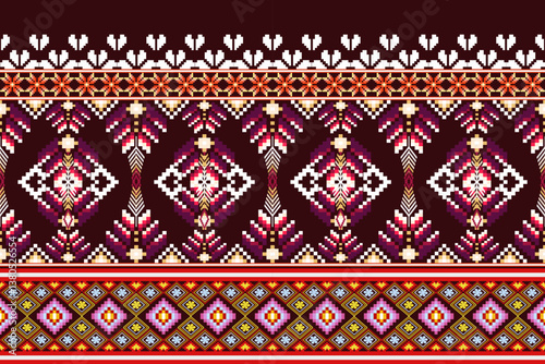 Pixel ethnic  pattern oriental traditional. Design fabric pattern textile African, Aztec African America Indian seamless. Floral pixel art pattern on navy background  vector illustration
