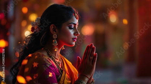 Beautiful Indian woman dressed in traditional attire with vibrant jewelry and a joyful expression, celebrating cultural heritage, festival happiness, and ethnic elegance in a bright setting