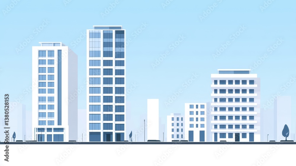 A vibrant city skyline features several modern buildings of varying heights and styles against a clear blue background, showcasing contemporary urban architecture A vibrant city skyline features several modern buildings of varying heights and styles against a clear blue background, showcasing contemporary urban architecture
