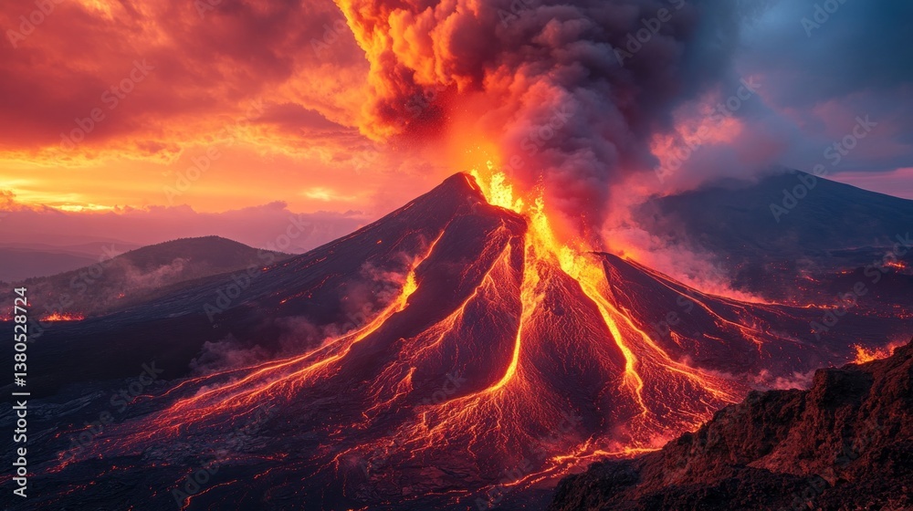 Fototapeta premium Volcanic eruption, sunset, mountain, lava flows