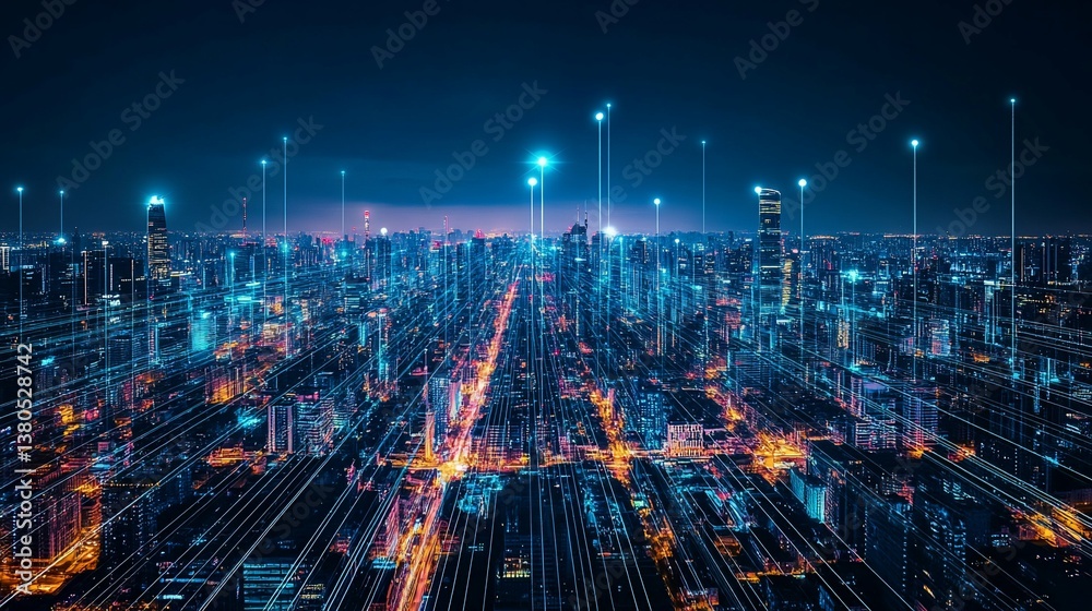 Fototapeta premium Digital City Connected Skyline at Night