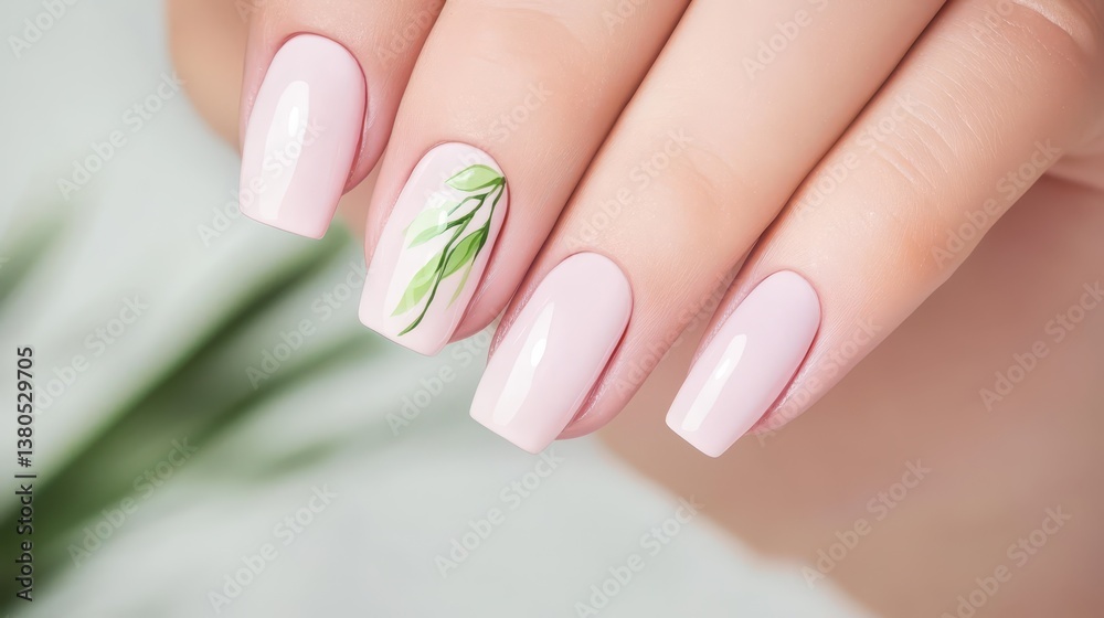 A close-up view of beautifully manicured nails featuring a soft pink polish with a delicate green leaf design. The setting is a nail salon, highlighting a stylish, fresh look A close-up view of beautifully manicured nails featuring a soft pink polish with a delicate green leaf design. The setting is a nail salon, highlighting a stylish, fresh look