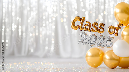 Graduation celebration decorations with balloons and sparkling background for Class of 2025 event, festive atmosphere, joyful moments, graduation party concept
