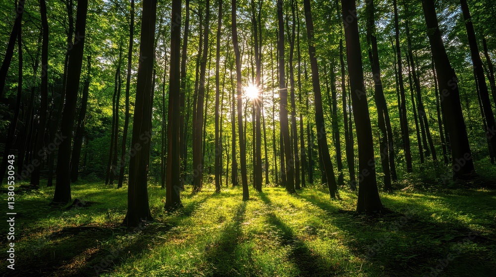 Tall trees create a peaceful atmosphere as sunlight filters through the leaves in a lush forest. The soft light casts long shadows on the green ground beneath Tall trees create a peaceful atmosphere as sunlight filters through the leaves in a lush forest. The soft light casts long shadows on the green ground beneath