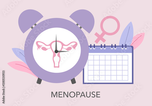 Menopause, women's health care illustration World Menopause Day. Female reproductive system with a clock vector illustration.