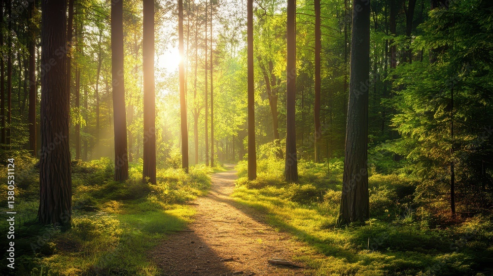 Obraz premium A peaceful forest path stretches between tall trees, illuminated by soft sunlight. The vibrant greens of foliage create a serene atmosphere during the early summer morning