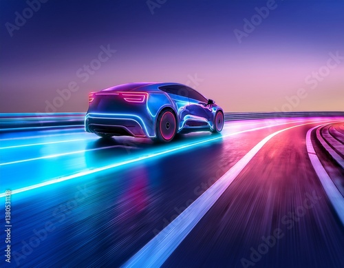 futuristic electric vehicle on a sleek neon lit roadway