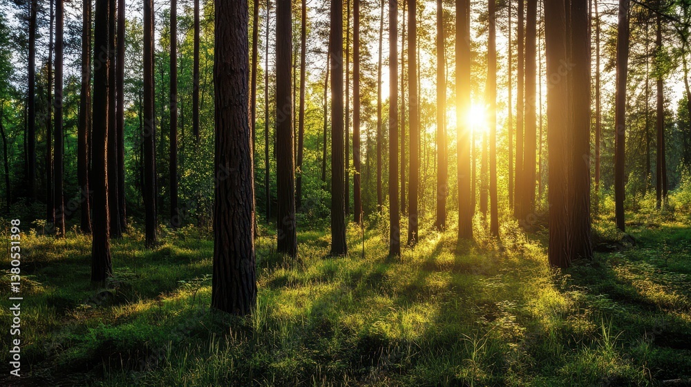 Naklejka premium Sunlight breaks through tall trees in a dense forest, casting long shadows on the lush green ground. The tranquil morning light enhances the natural beauty of the scene