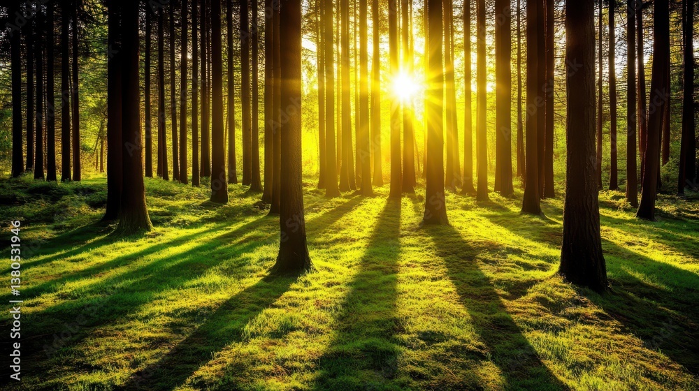 Fototapeta premium In a tranquil forest, sunlight breaks through towering trees creating a beautiful interplay of light and shadow. Soft green grass carpets the ground, enhancing the peaceful atmosphere