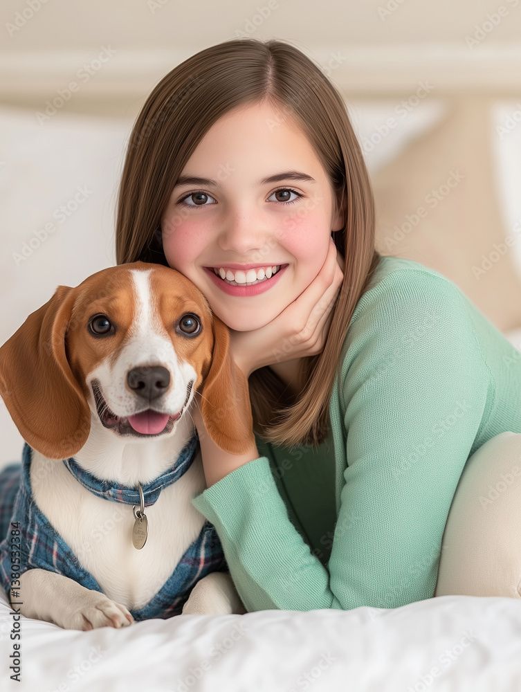 young girl smiles while cuddling with beagle dog on bed, showcasing warm and joyful moment. girl wears light green sweater, and dog has blue plaid collar young girl smiles while cuddling with beagle dog on bed, showcasing warm and joyful moment. girl wears light green sweater, and dog has blue plaid collar