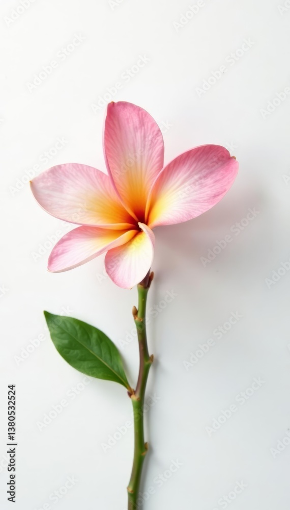 Fototapeta premium Single frangipani blossom with delicate petals on pure white backdrop, spring, bloom, beauty