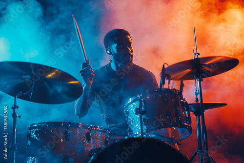 Dynamic drummer performing on stage, surrounded by colorful lights and smoke, creating energetic atmosphere. musician is fully immersed in rhythm, showcasing passion and skill