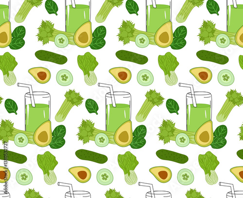 Vegetable green smoothie seamless pattern. Vegetarian grocery vector flat illustration on transparent background. For logo, web, package, sticker. Eat green