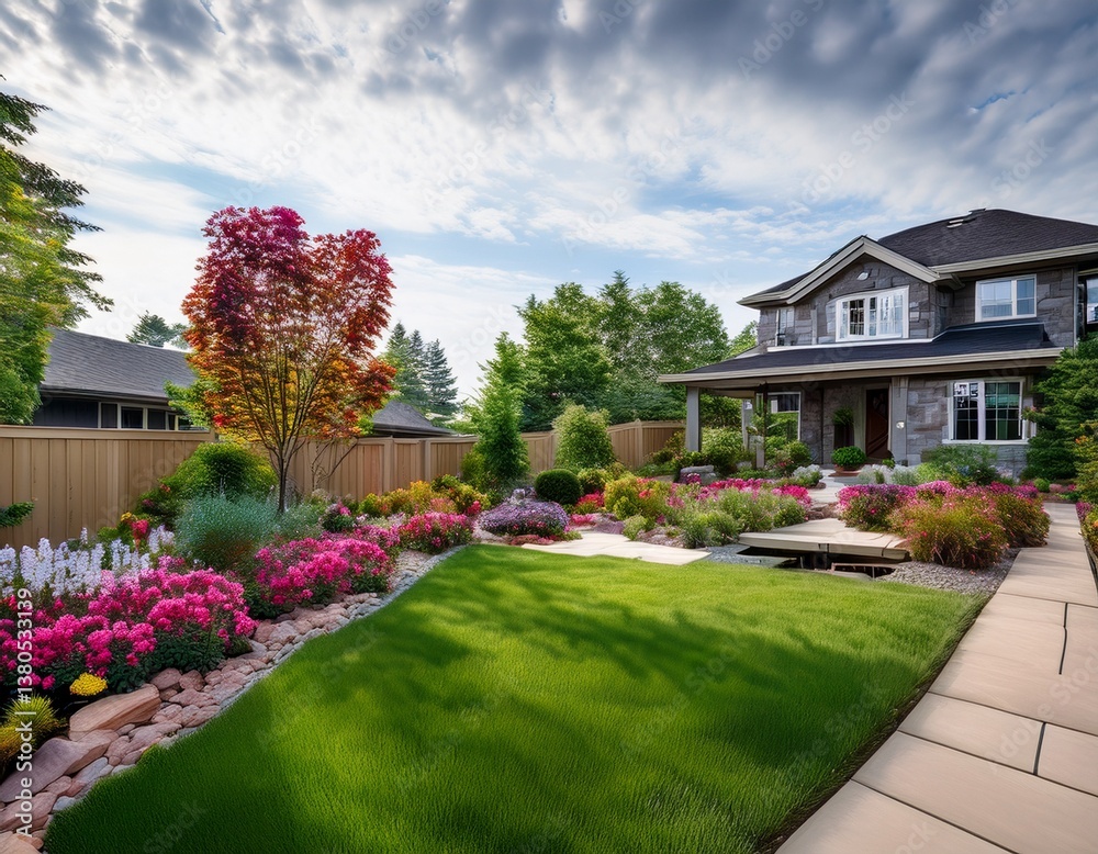 lush front yard with xeriscaping and vibrant flowers showcasing sustainable landscaping lush front yard with xeriscaping and vibrant flowers showcasing sustainable landscaping