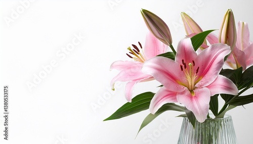 beautiful pink lily in a glass vase on a background white