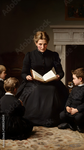 A Victorian governess teaching children in a grand drawing room, with an open book and children seated on the floor.

