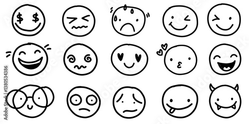 Cartoon people face emotions set in doodle scribble pencil marker style hand drawn set