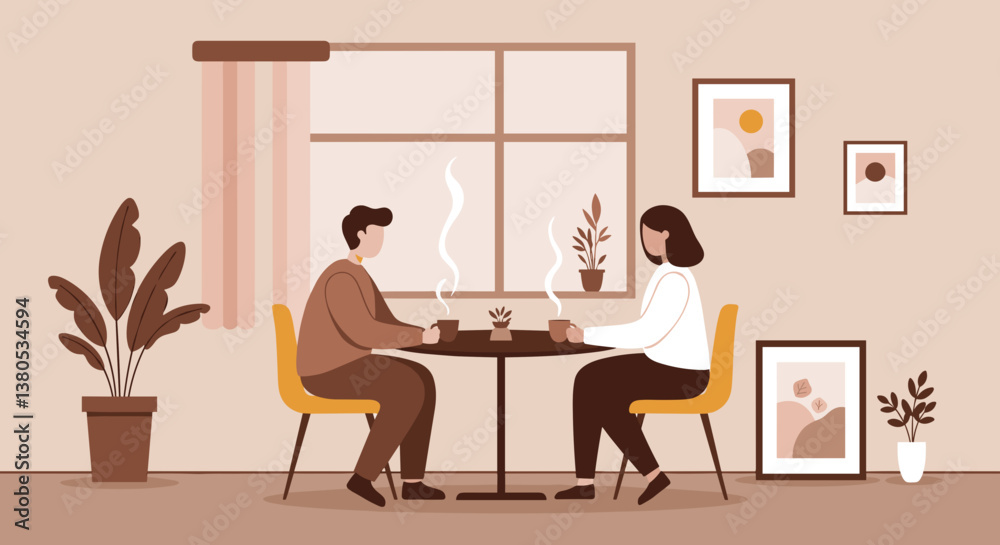 Fototapeta premium Two people enjoying coffee at a cozy indoor café 