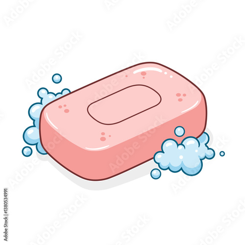 Pink soap bar with bubbles on a white background  