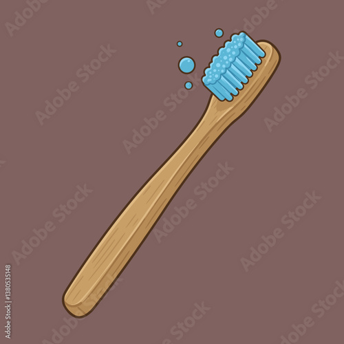 Wooden toothbrush with bubbles on a brown background  