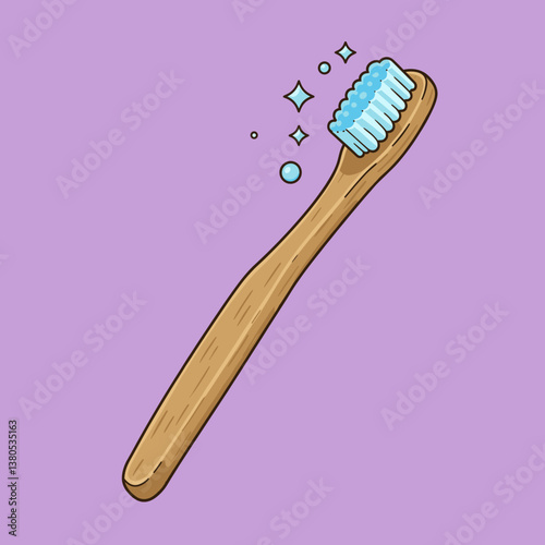 Wooden toothbrush with sparkling bristles on purple background  