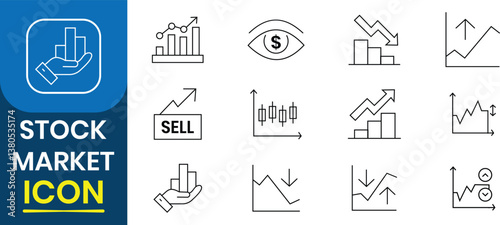 Stock market icon vector set. Business, sell,  market up down,  financial stock exchange, investment icons. Solid icon collection. Vector illustration.