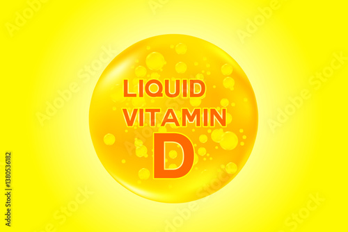 Vitamin D glowing 3D molecule element or bubble, watercolor gradient background. Fluid yellow gold flowing bubbles, health nutrition supplement products banner, presentation, infographic design