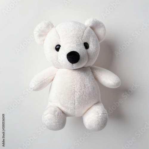 A white teddy bear on a white background. Top view.