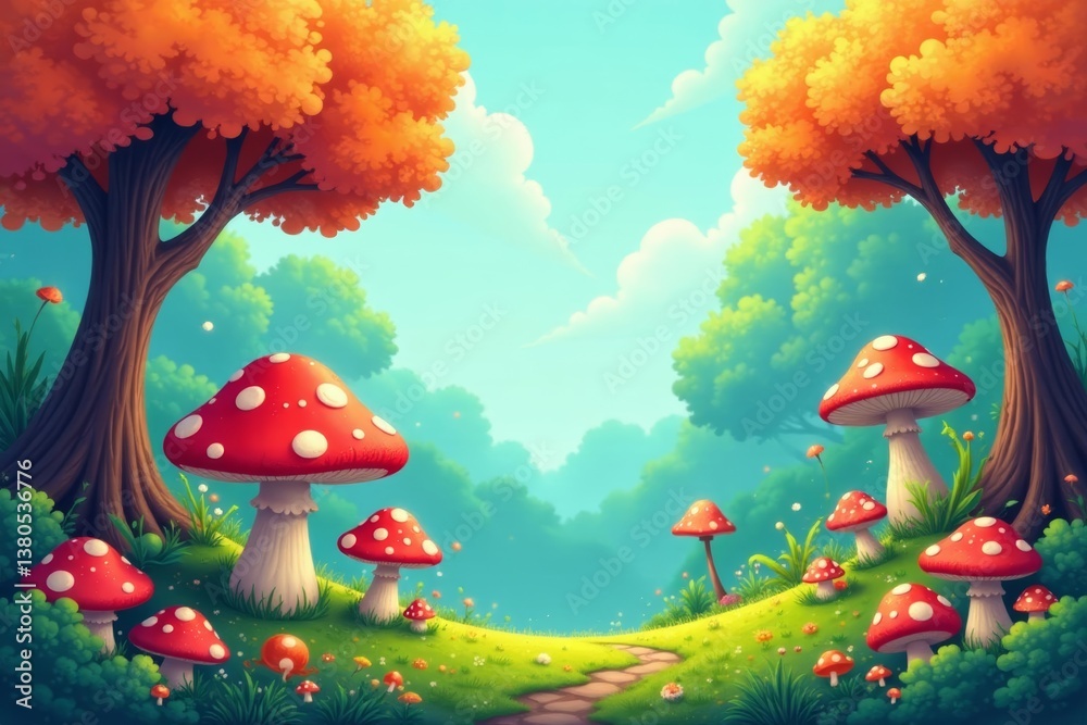 Fototapeta premium Whimsical cartoon trees and mushrooms in a seamless design, whimsical, trees, cartoon