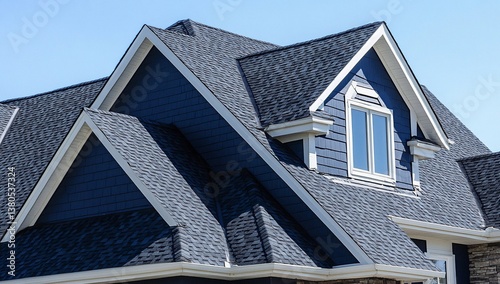 Close-up view of a dark gray asphalt shingle roof on a house with navy blue siding and white trim.  The architectural details of the roofline and dormer window