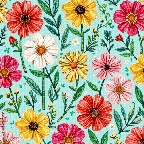 Wallpaper Mural Whimsical hand-drawn flowers in a seamless pattern, perfect for spring designs, doodle, seamless, floral Torontodigital.ca