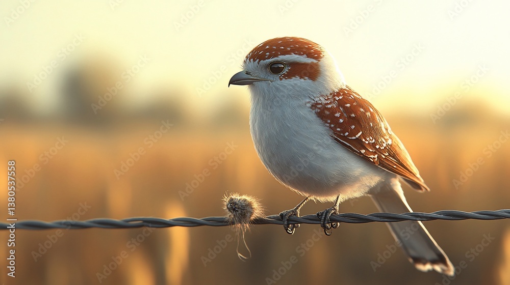 Bird perched on wire, sunset field background, nature photography, wildlife Bird perched on wire, sunset field background, nature photography, wildlife