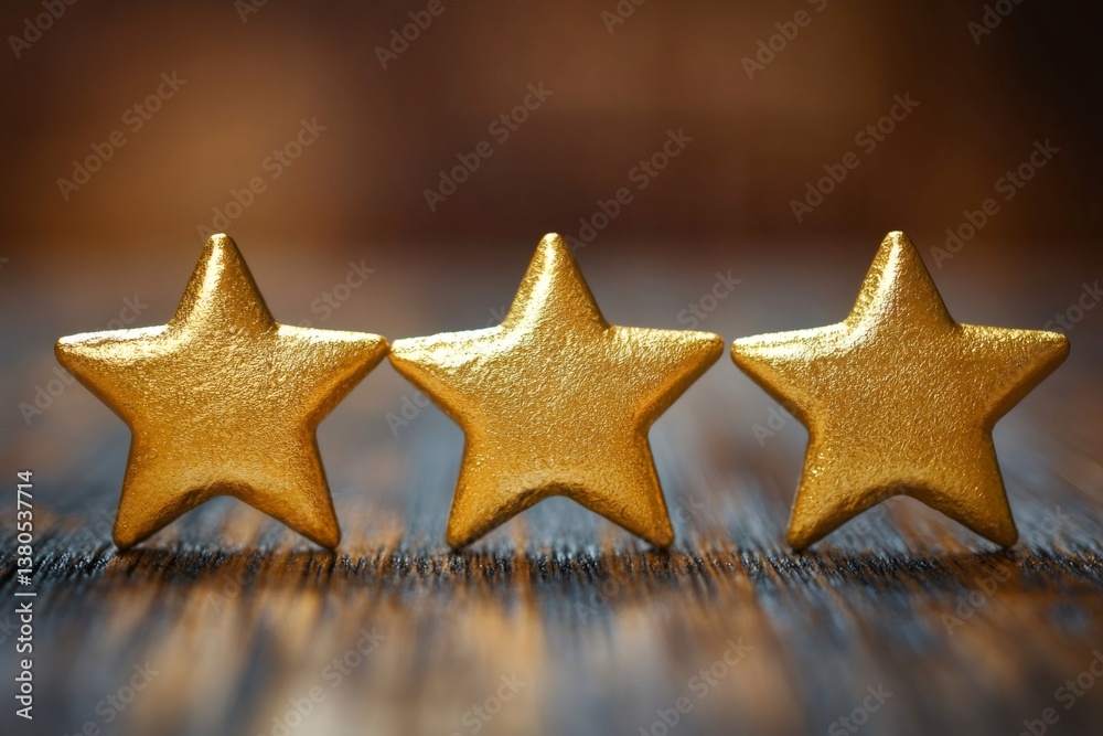 Three golden stars representing excellent customer service rating on wooden table Three golden stars representing excellent customer service rating on wooden table