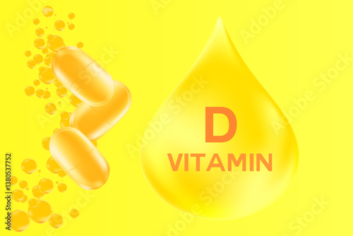 Vitamin D oil drop, 3D pill or capsules icon, glowing gradient background. Fluid orange flowing fizz bubbles, health nutrition supplement, beauty skin serum products